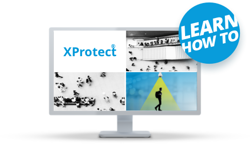 Monitor showing security camera and XProtect instructions